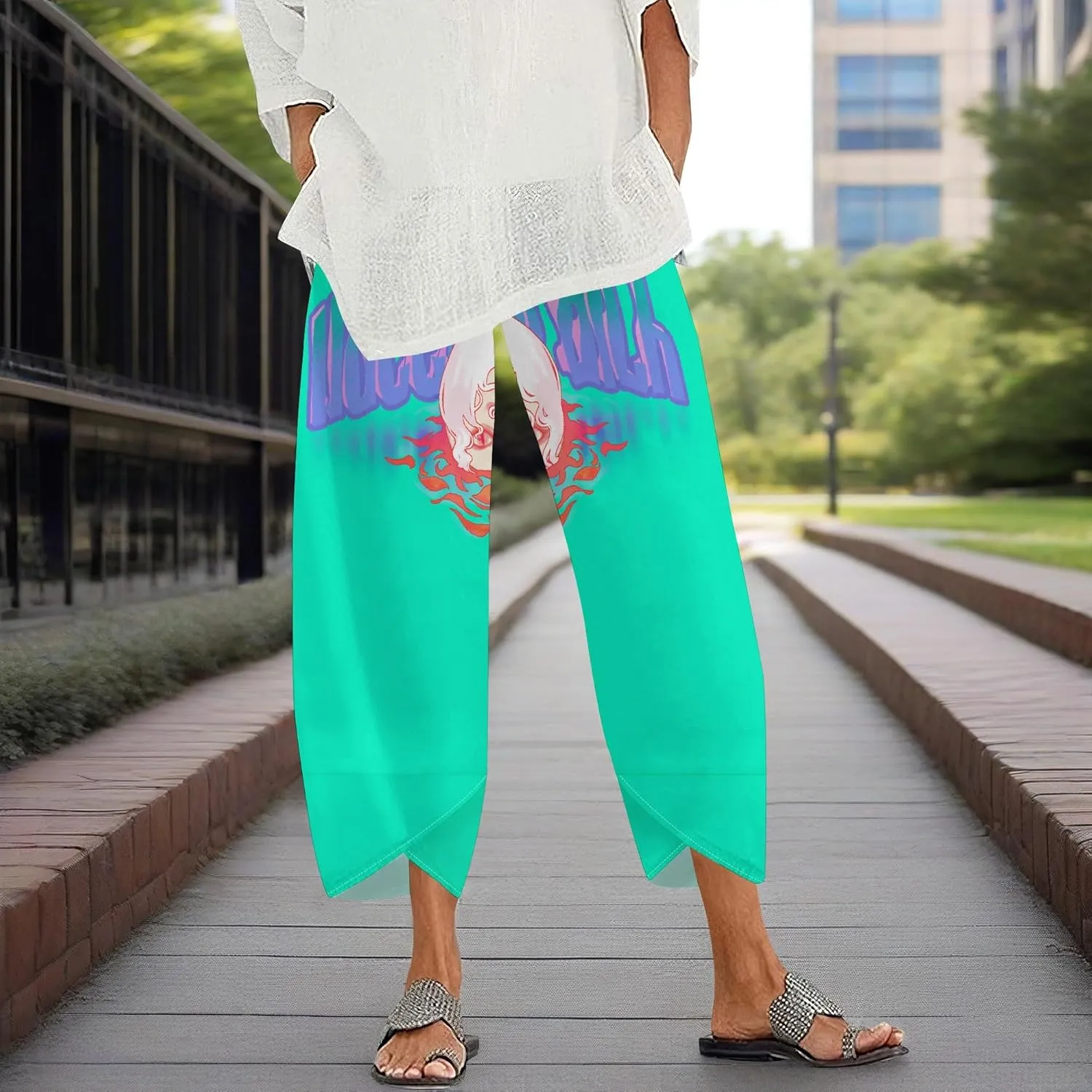 Capris Pants for Women 2025 Summer Art Print Baggy Elastic High Waist Cropped Trousers Loose Wide Leg Pallazzo Pant