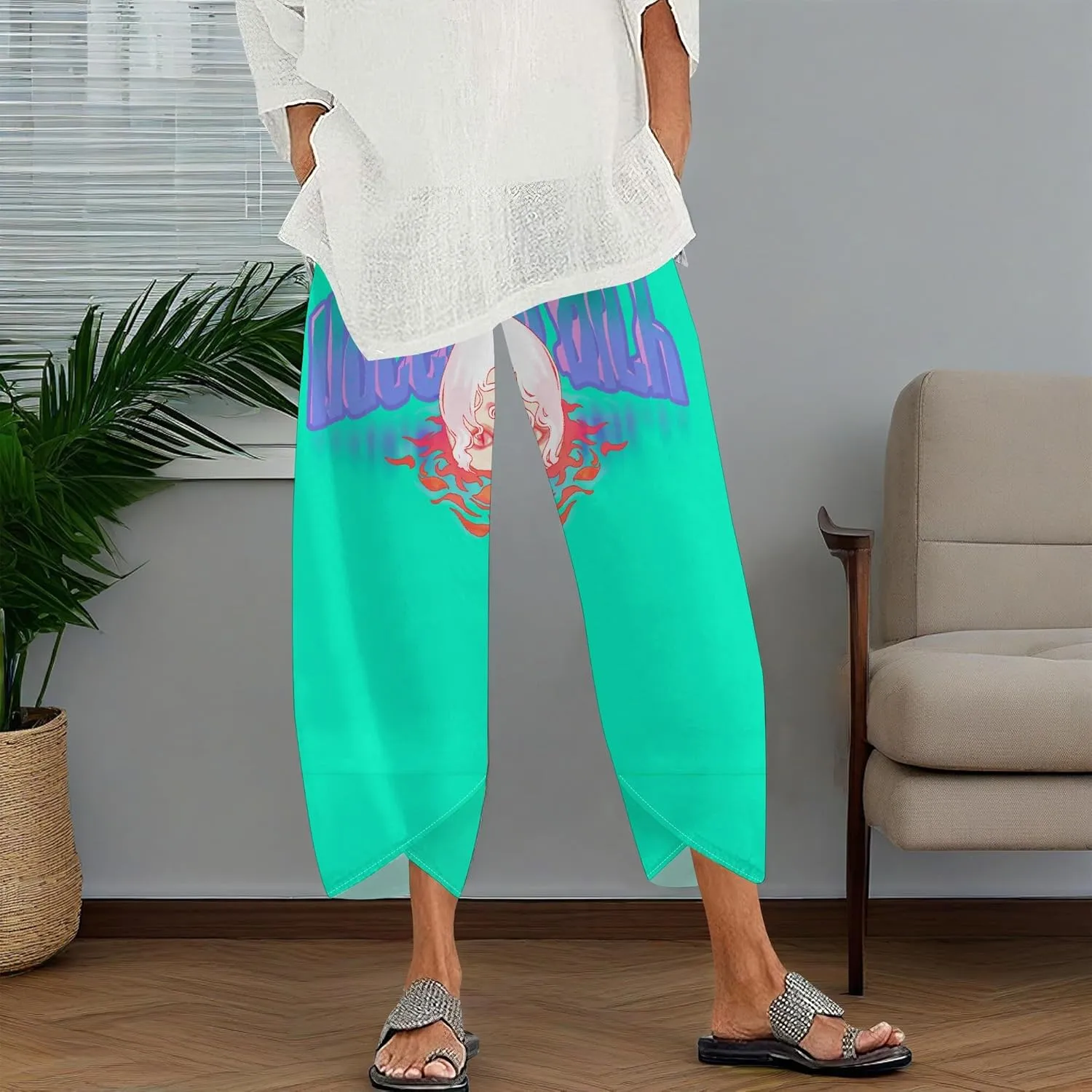 Capris Pants for Women 2025 Summer Art Print Baggy Elastic High Waist Cropped Trousers Loose Wide Leg Pallazzo Pant