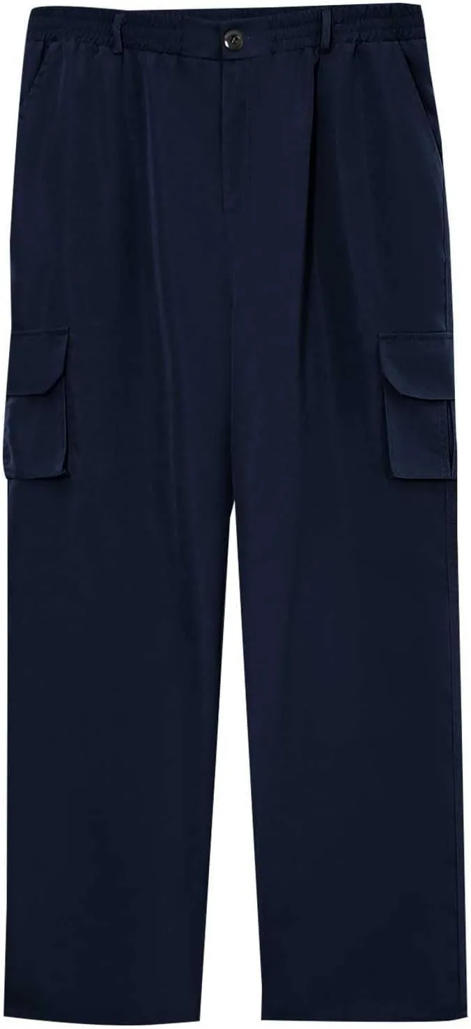 Cargo Pants for Men Casual Button Elastic Waist Chino Pants Relaxed Fit Carpenter Hiking Work Pants with Pockets