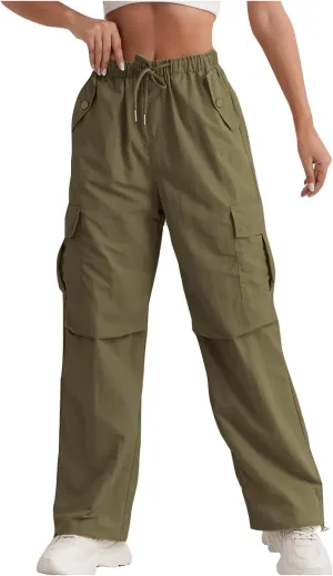 Cargo Pants Women Quick Dry Baggy Hiking Pants Elastic High Waist Drawstring Lightweight Y2K Clothes with Pockets