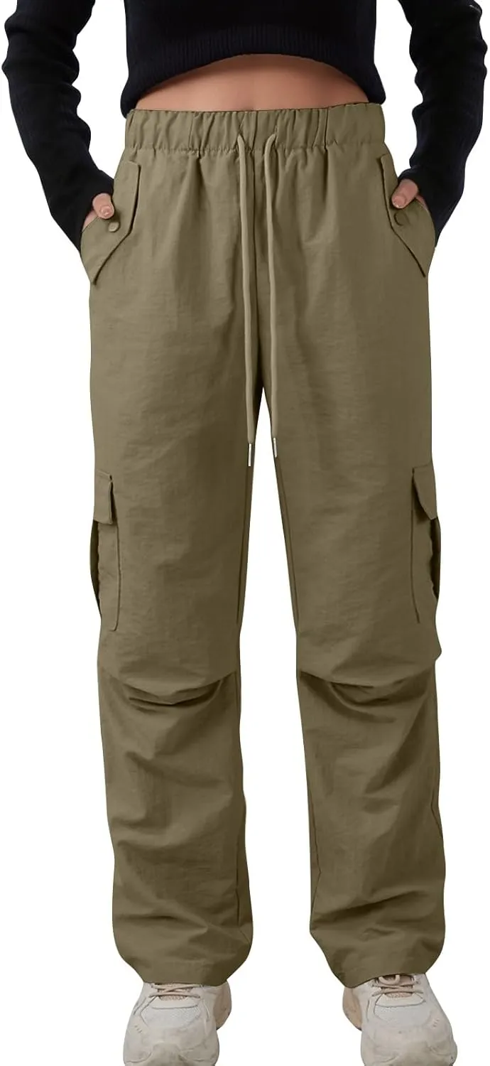 Cargo Pants Women Quick Dry Baggy Hiking Pants Elastic High Waist Drawstring Lightweight Y2K Clothes with Pockets