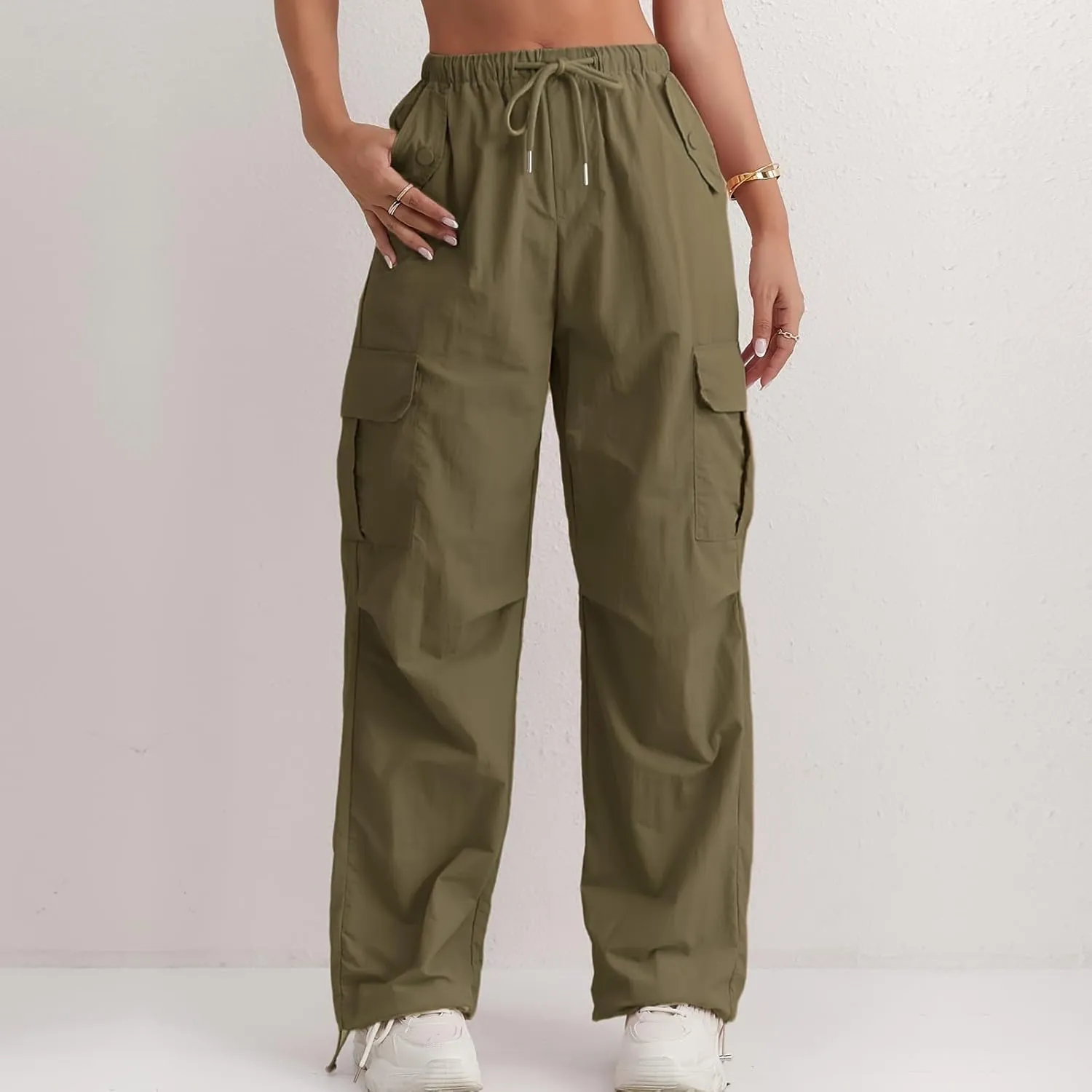 Cargo Pants Women Quick Dry Baggy Hiking Pants Elastic High Waist Drawstring Lightweight Y2K Clothes with Pockets