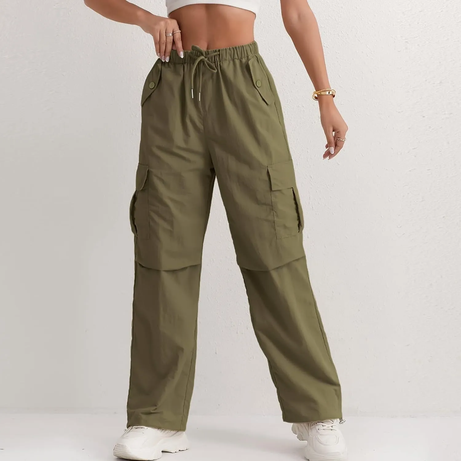 Cargo Pants Women Quick Dry Baggy Hiking Pants Elastic High Waist Drawstring Lightweight Y2K Clothes with Pockets