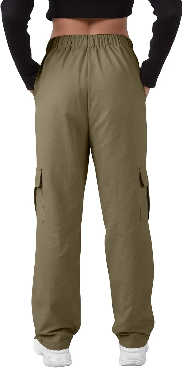 Cargo Pants Women Quick Dry Baggy Hiking Pants Elastic High Waist Drawstring Lightweight Y2K Clothes with Pockets