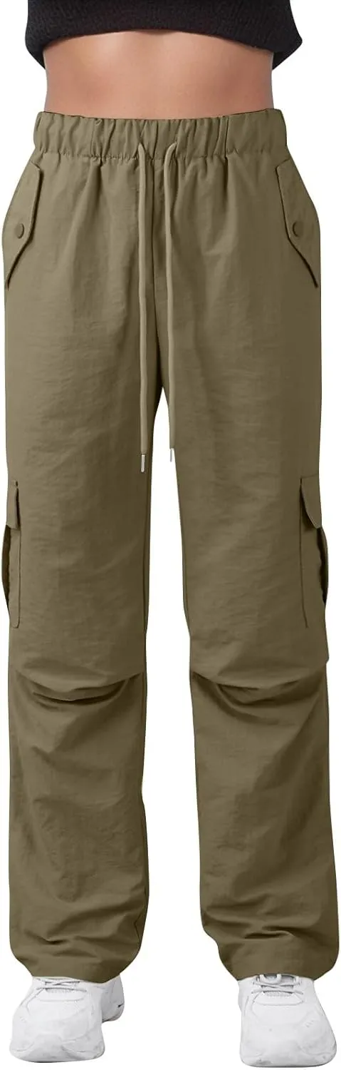 Cargo Pants Women Quick Dry Baggy Hiking Pants Elastic High Waist Drawstring Lightweight Y2K Clothes with Pockets