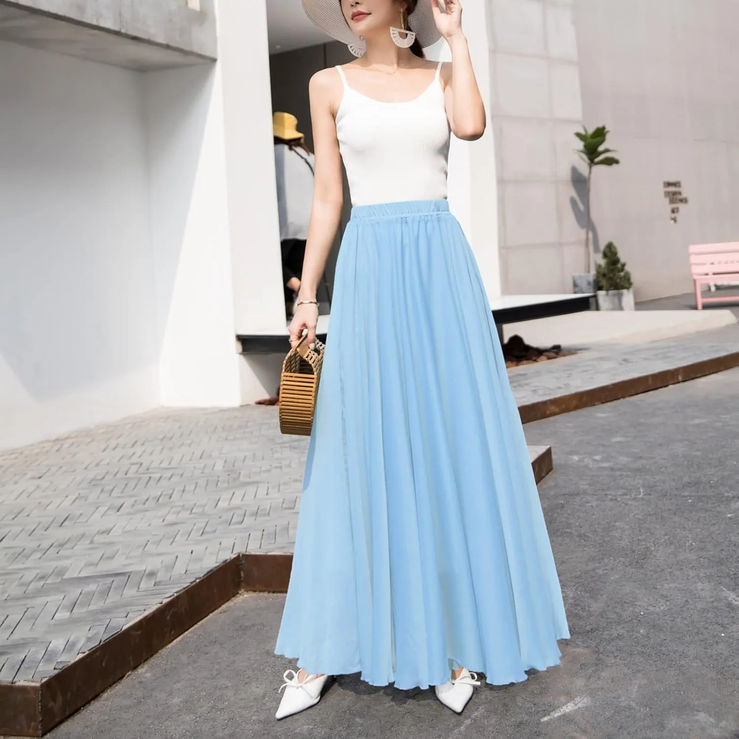 Chiffon Maxi Skirt for Women Summer Flowy Long Skirts Floor Length High Waisted Pleated Skirt Vintage Tea Party Dresses 2025