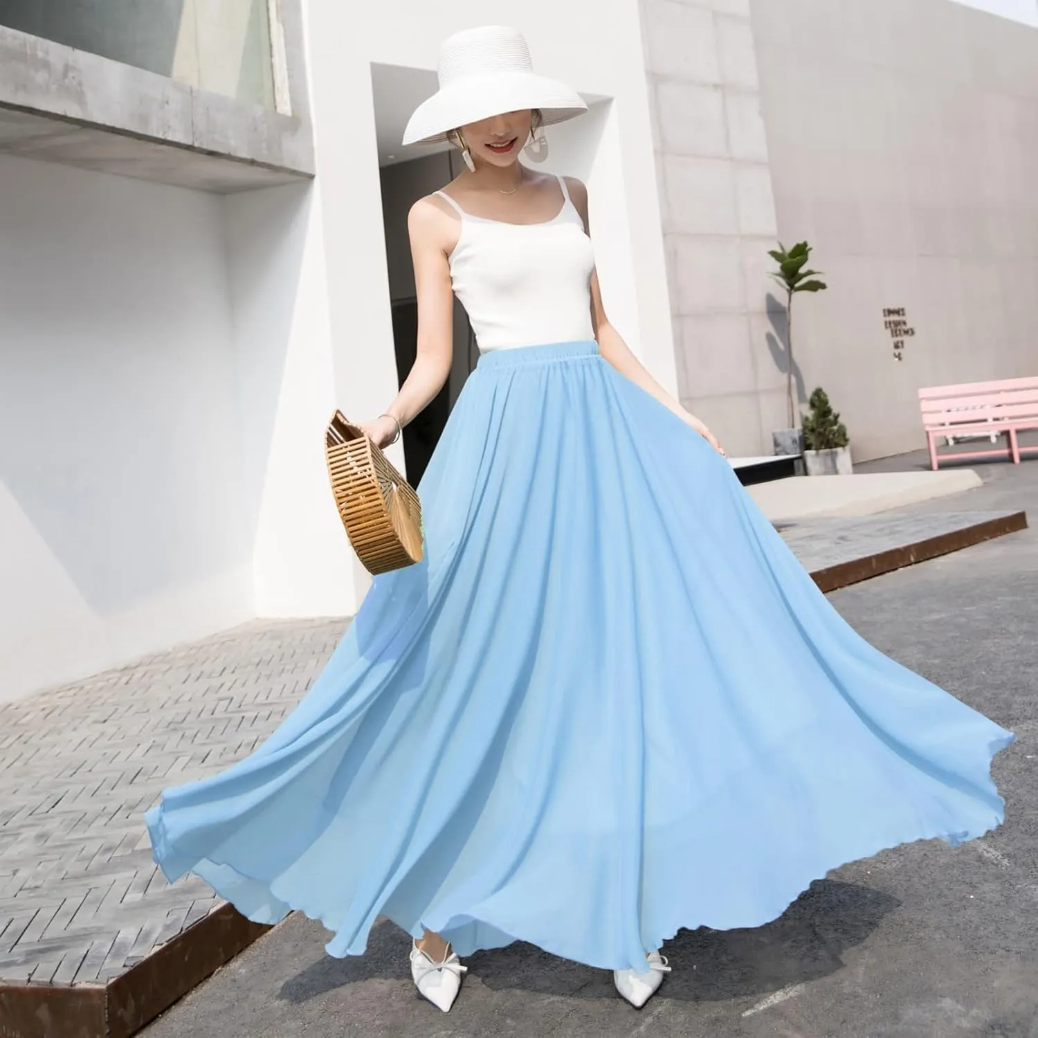 Chiffon Maxi Skirt for Women Summer Flowy Long Skirts Floor Length High Waisted Pleated Skirt Vintage Tea Party Dresses 2025