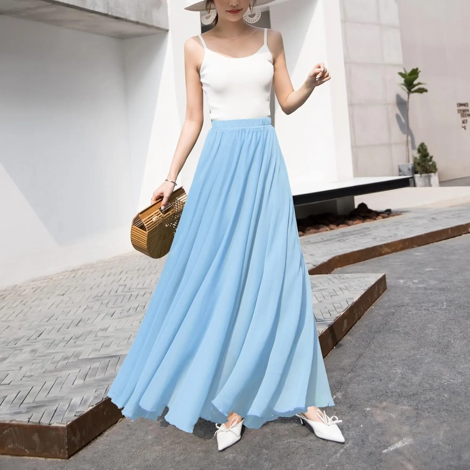 Chiffon Maxi Skirt for Women Summer Flowy Long Skirts Floor Length High Waisted Pleated Skirt Vintage Tea Party Dresses 2025