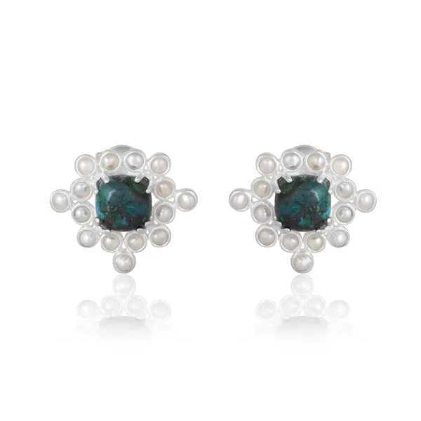 Chrysocolla Cabushion Cushion Pearl Stud Earring - Silver