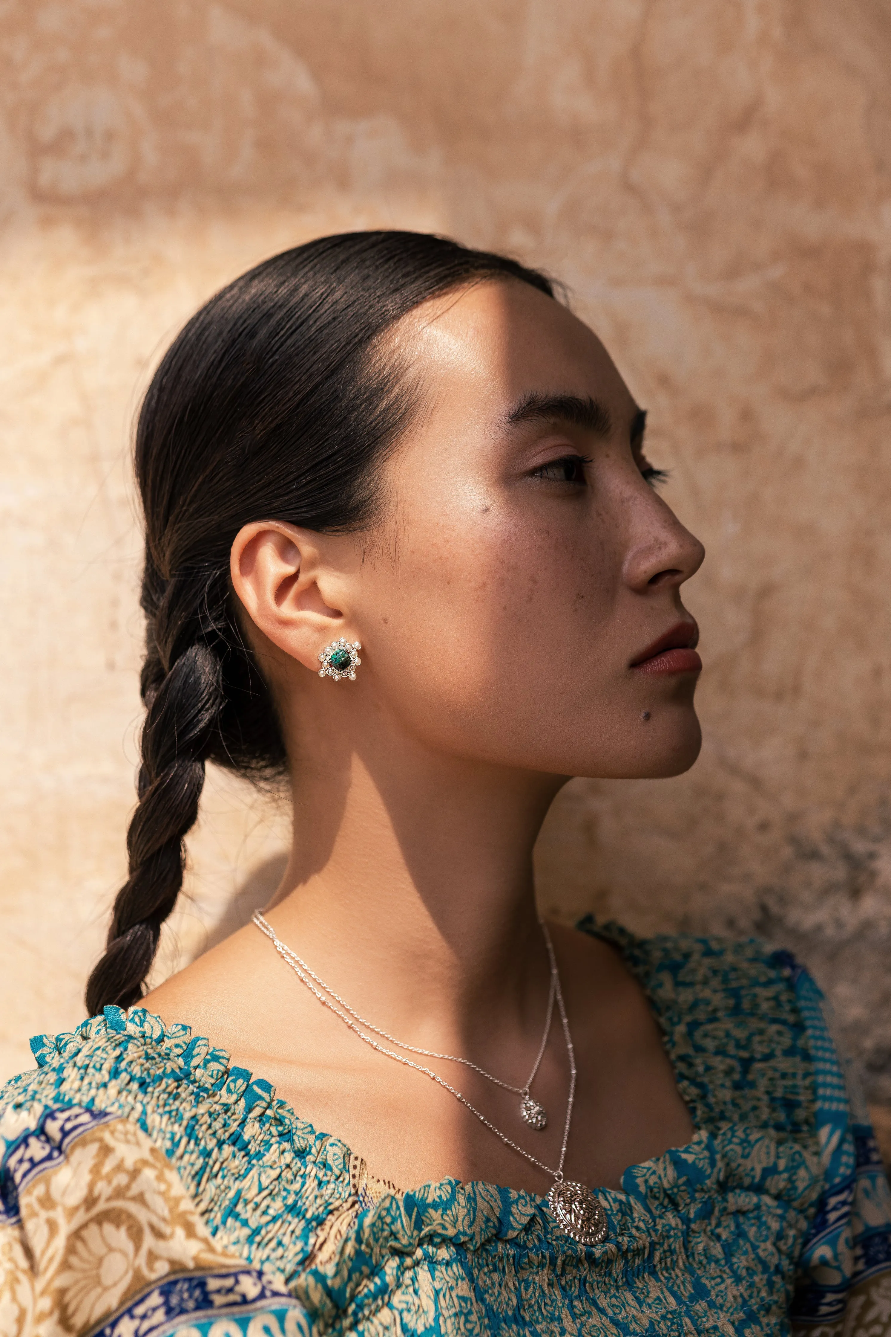 Chrysocolla Cabushion Cushion Pearl Stud Earring - Silver