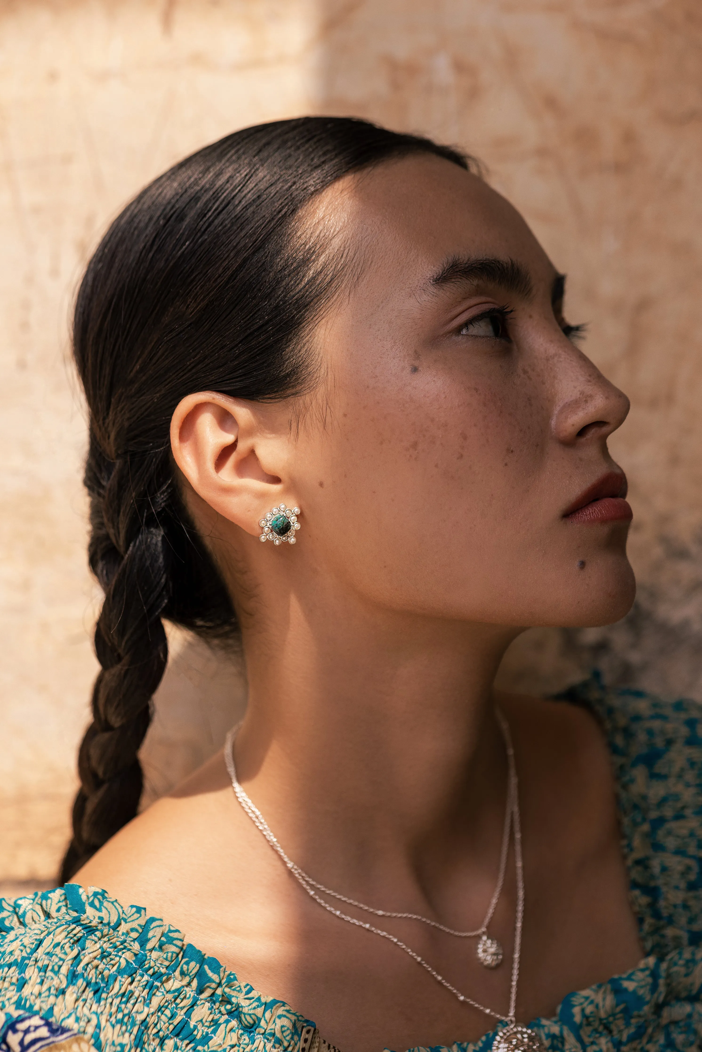 Chrysocolla Cabushion Cushion Pearl Stud Earring - Silver