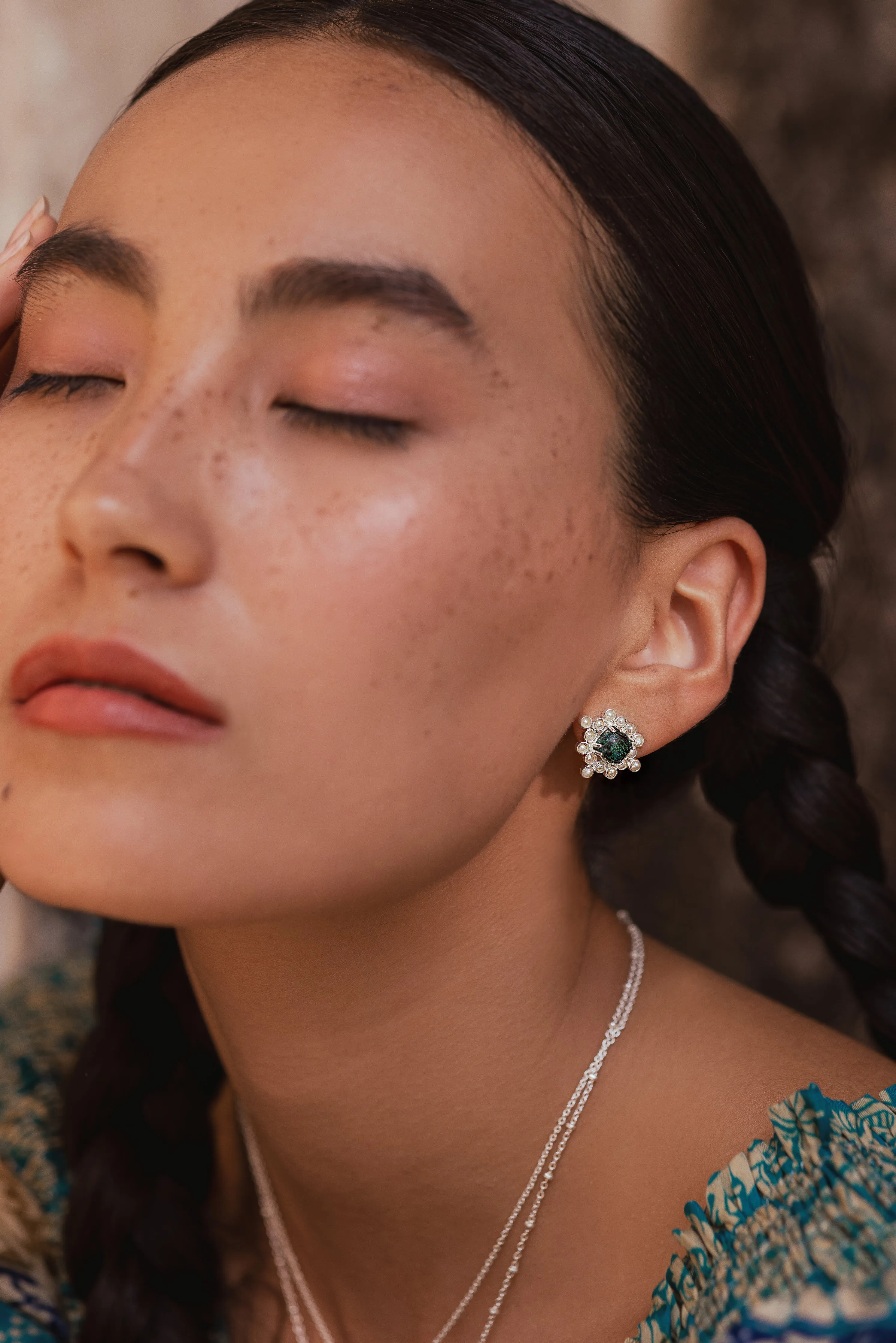 Chrysocolla Cabushion Cushion Pearl Stud Earring - Silver