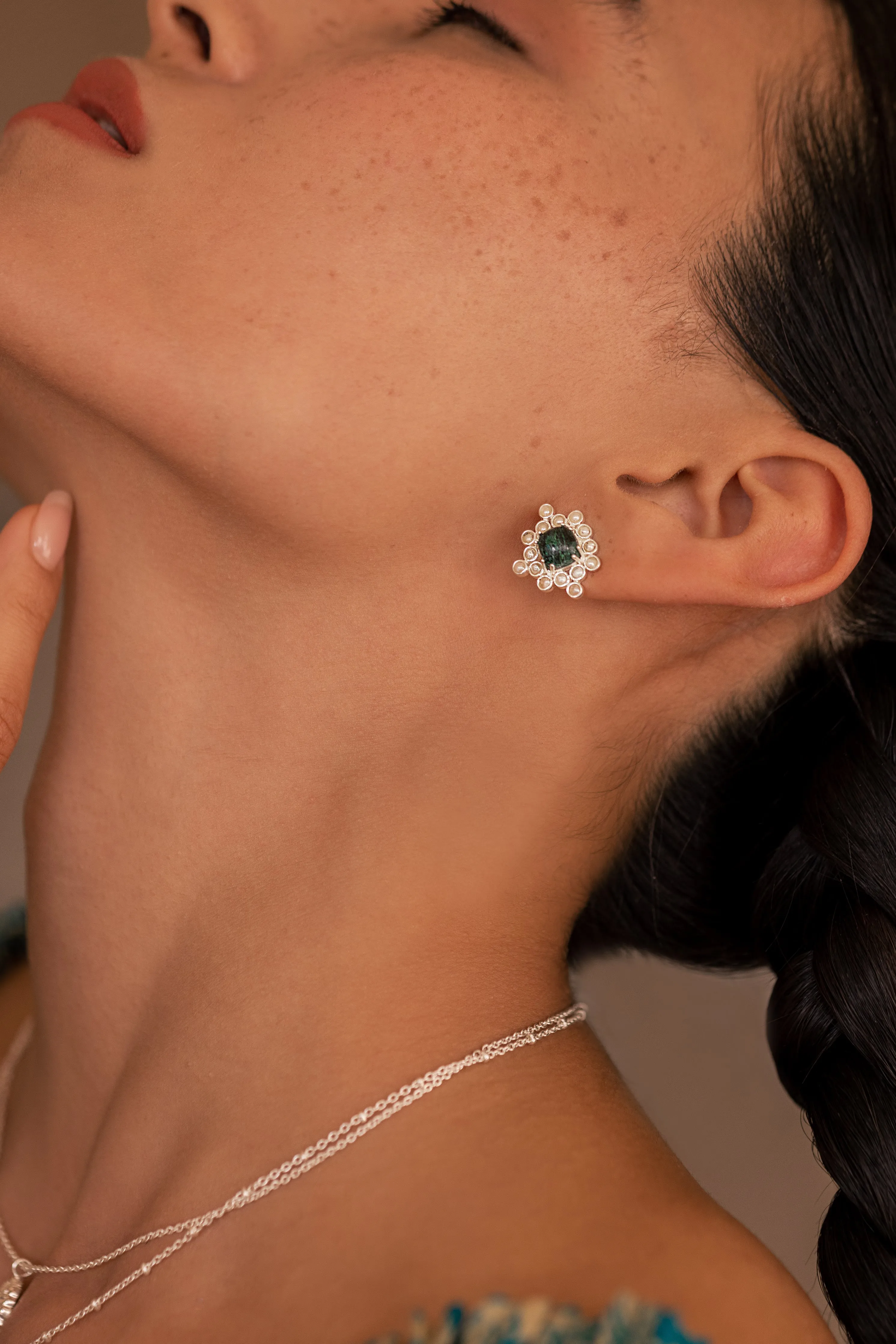 Chrysocolla Cabushion Cushion Pearl Stud Earring - Silver