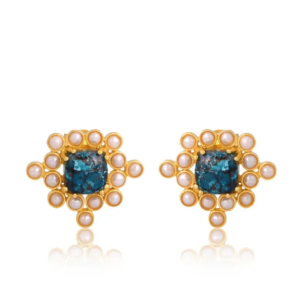 Chrysocolla Cabushion Cushion Pearl Stud Earrings - Gold