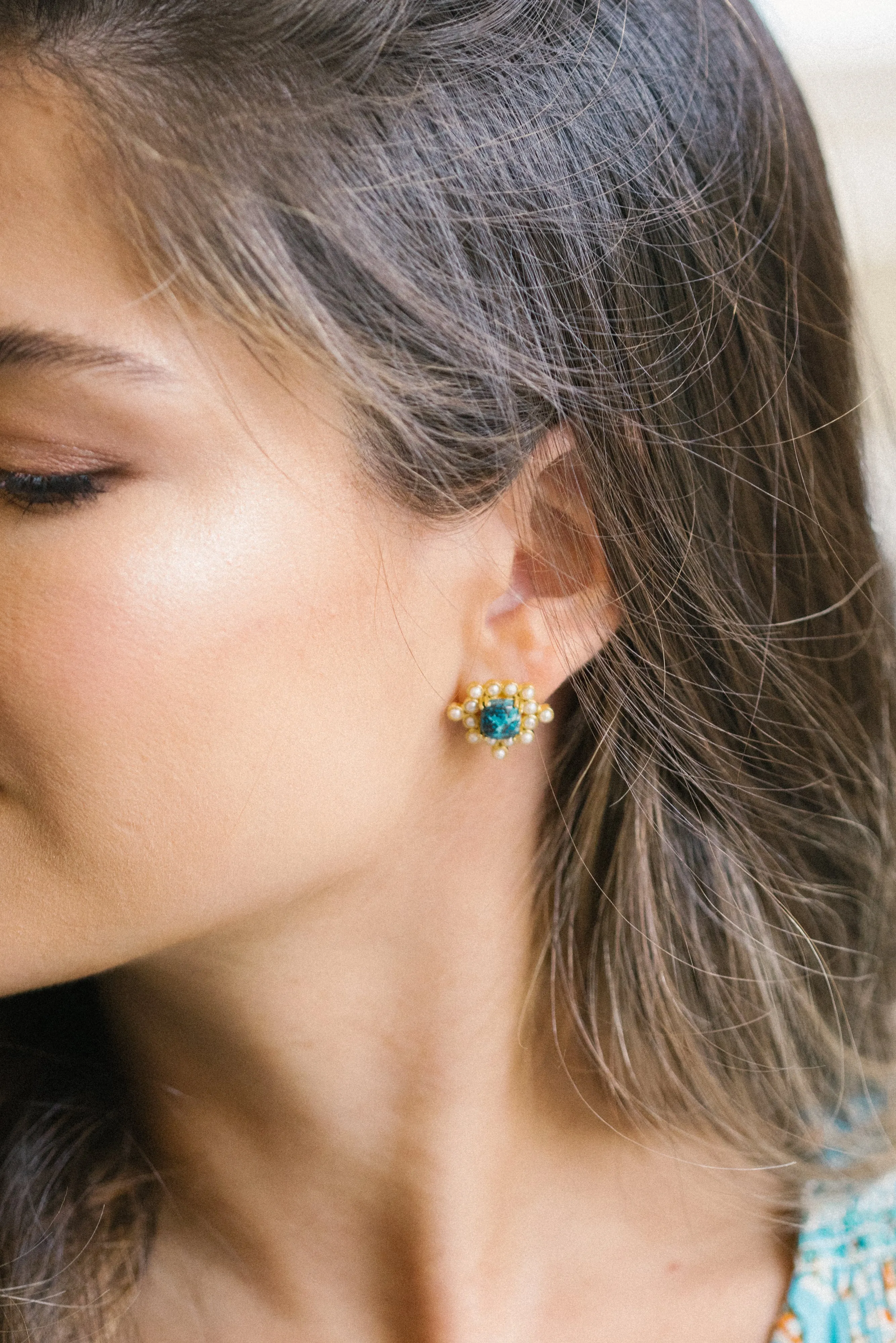 Chrysocolla Cabushion Cushion Pearl Stud Earrings - Gold