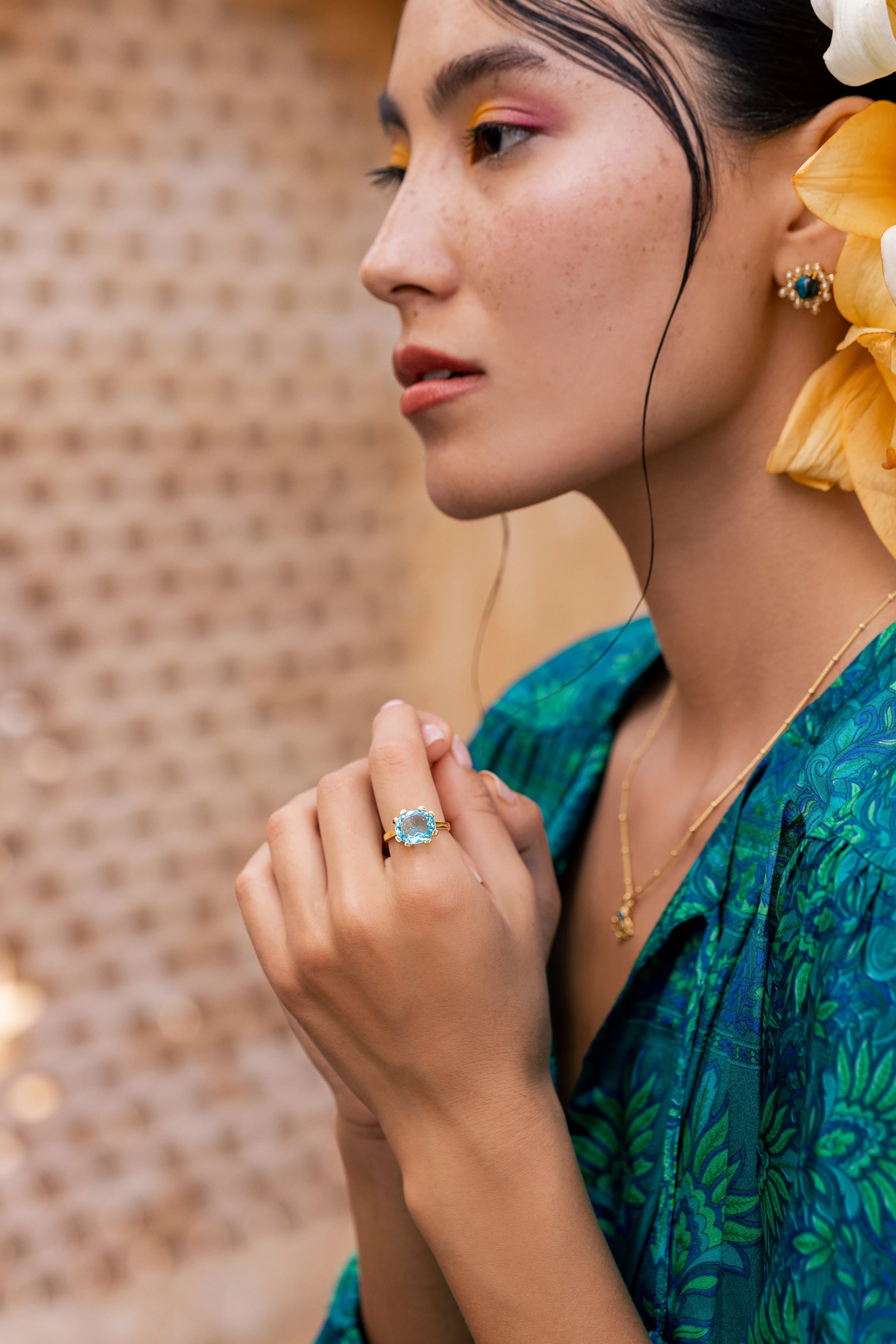 Chrysocolla Cabushion Cushion Pearl Stud Earrings - Gold