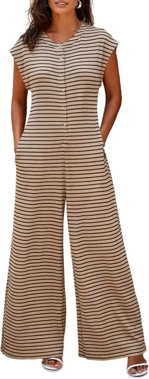Cicy Bell Womens Casual Striped Jumpsuits Summer Cap Sleeve Wide Leg Jumper Romper Button Down Travel Beach Outfits