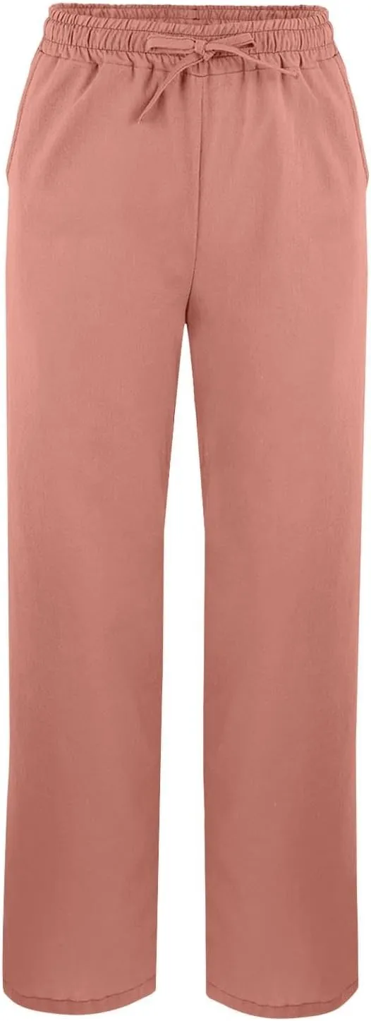 Cottin Linen Womens High Waist Casual Pants Relax Fit Drawstring Elastic Waist with Pockets Leg Lounge Summer Outfits