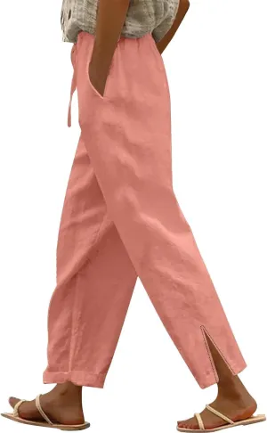 Cottin Linen Womens High Waist Casual Pants Relax Fit Drawstring Elastic Waist with Pockets Leg Lounge Summer Outfits