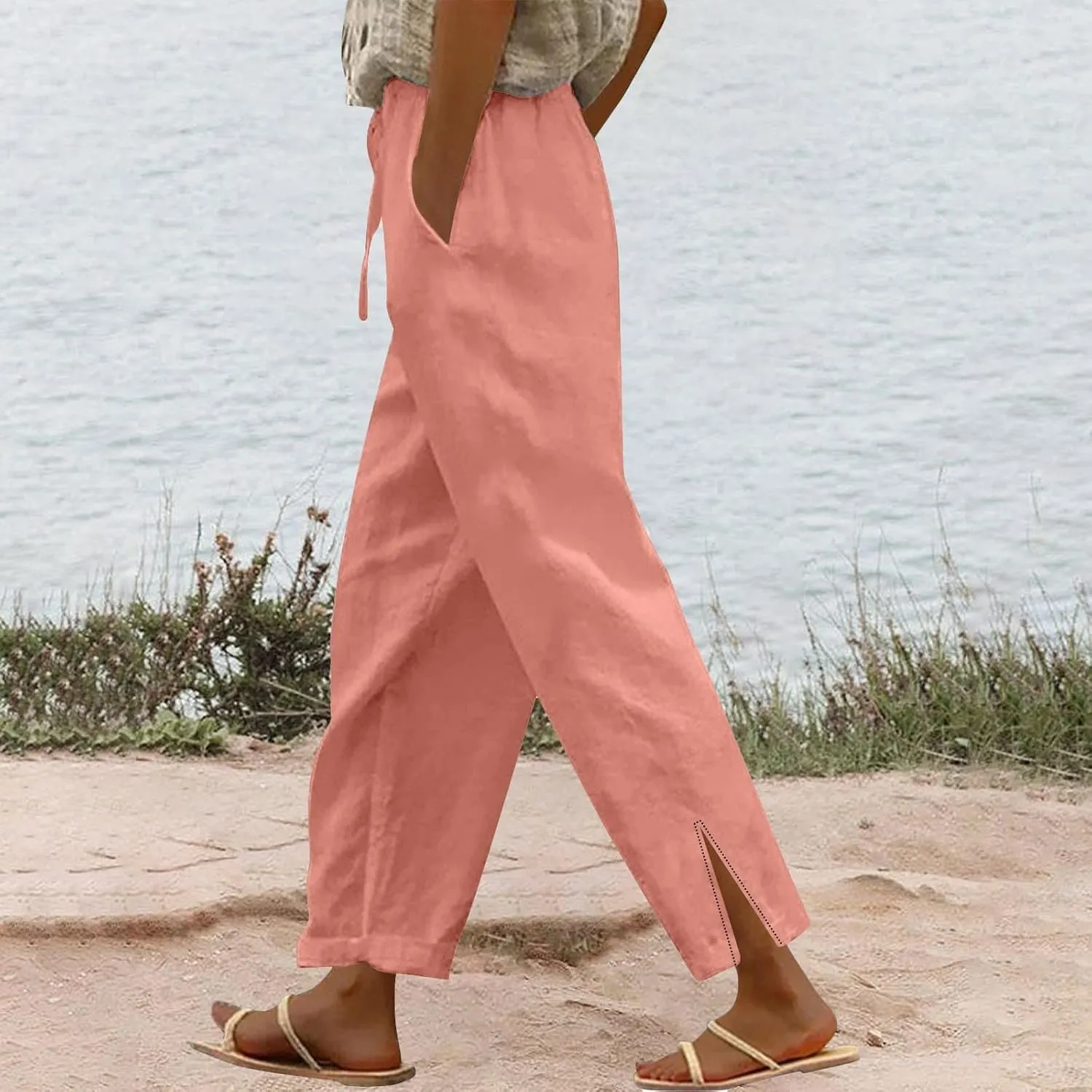 Cottin Linen Womens High Waist Casual Pants Relax Fit Drawstring Elastic Waist with Pockets Leg Lounge Summer Outfits