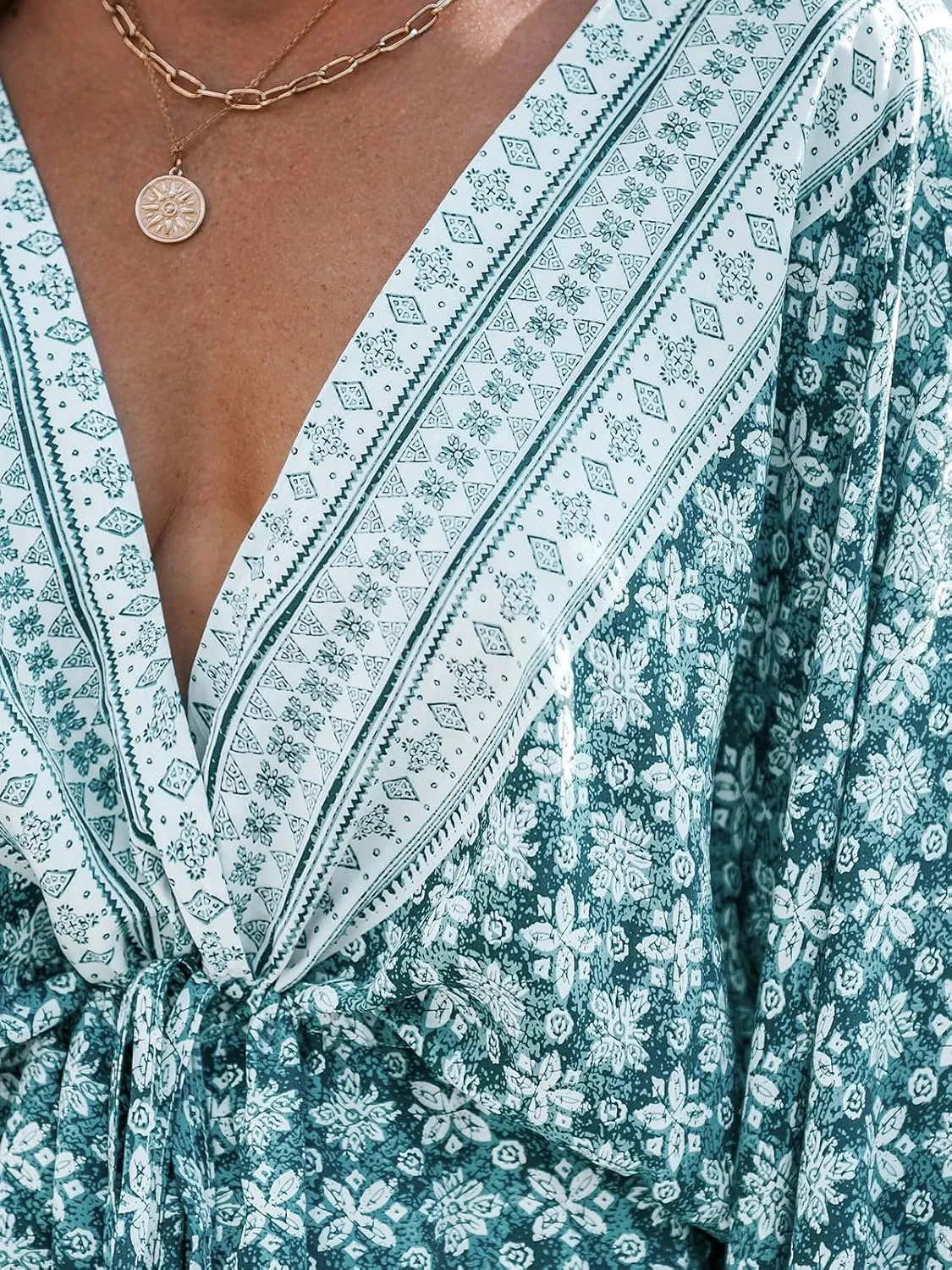 CUPSHE Women Casual Boho Sundress Summer Floral Print Tie Front Dress 3/4 Sleeves Paisley Beach Mini Dresses