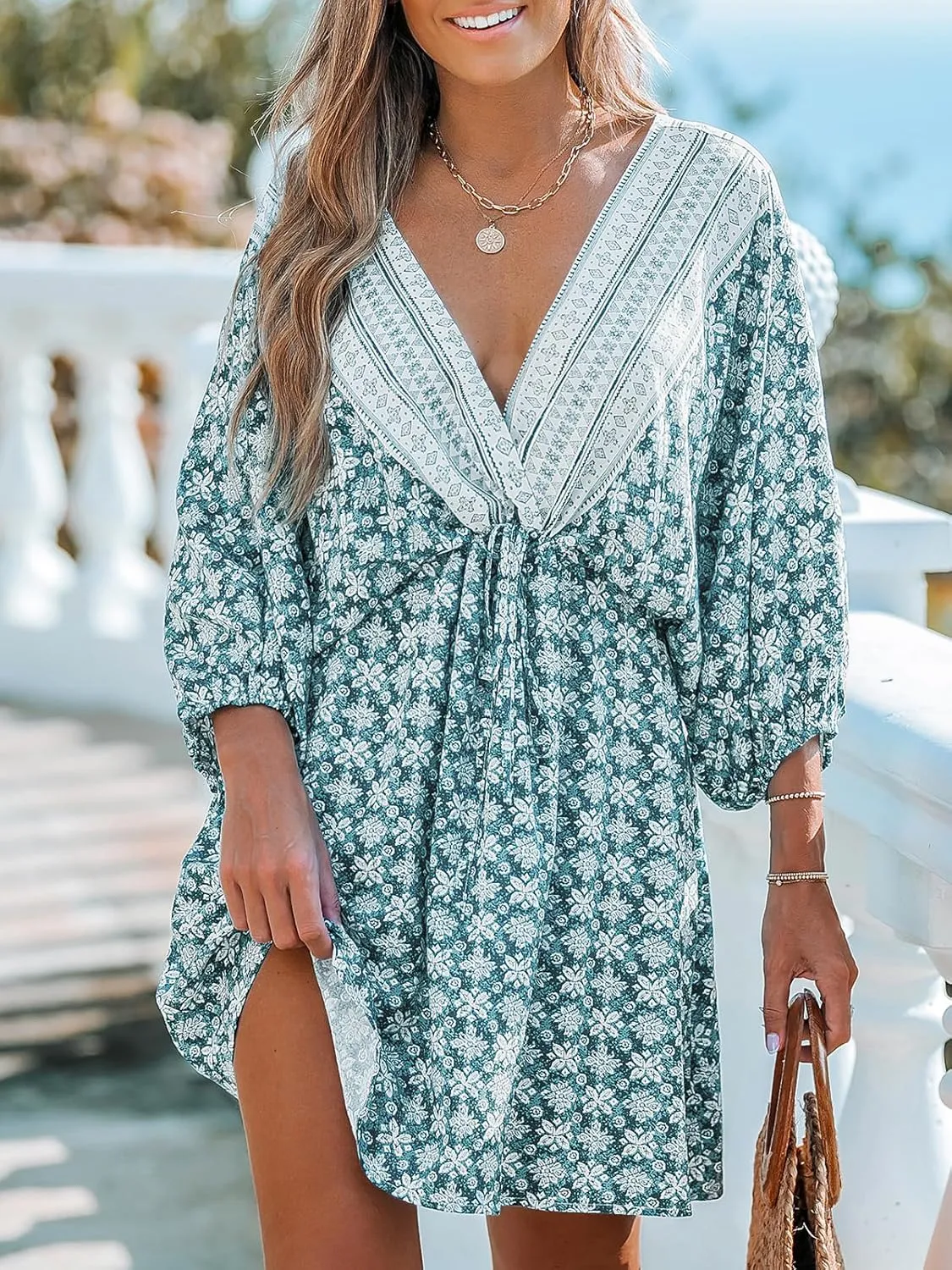 CUPSHE Women Casual Boho Sundress Summer Floral Print Tie Front Dress 3/4 Sleeves Paisley Beach Mini Dresses
