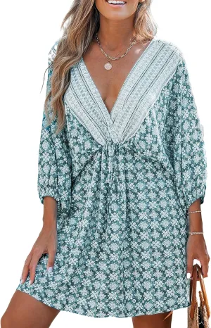 CUPSHE Women Casual Boho Sundress Summer Floral Print Tie Front Dress 3/4 Sleeves Paisley Beach Mini Dresses