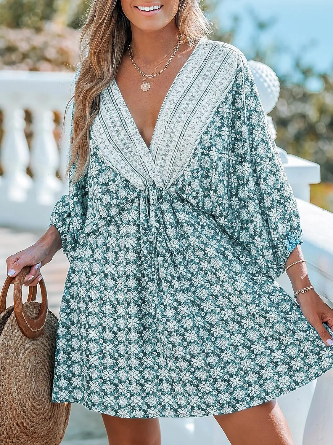 CUPSHE Women Casual Boho Sundress Summer Floral Print Tie Front Dress 3/4 Sleeves Paisley Beach Mini Dresses