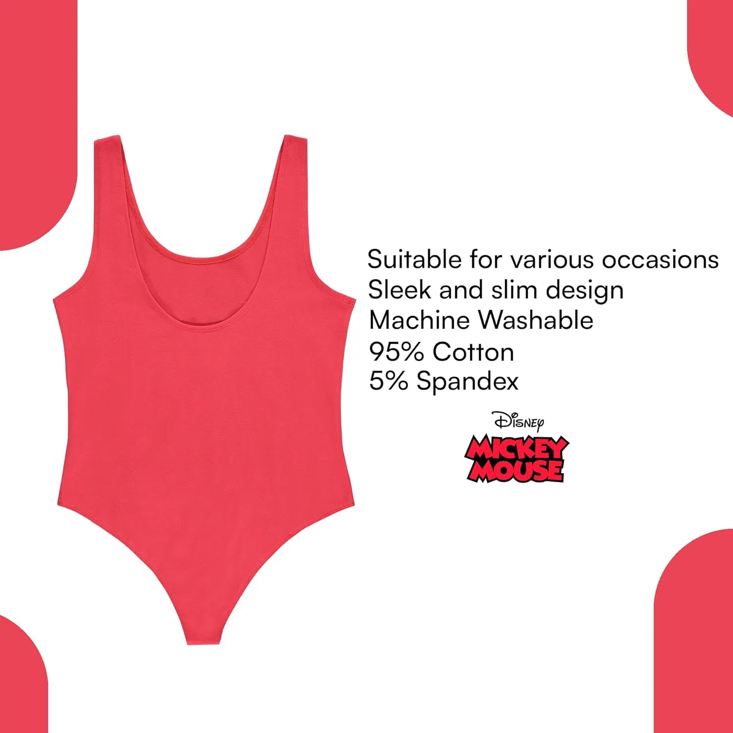 Disney Ladies Mickey & Minnie Mouse Bodysuit - Classic Mickey & Minnie Mouse Racer Back Tank Top Bodysuit Shapewear