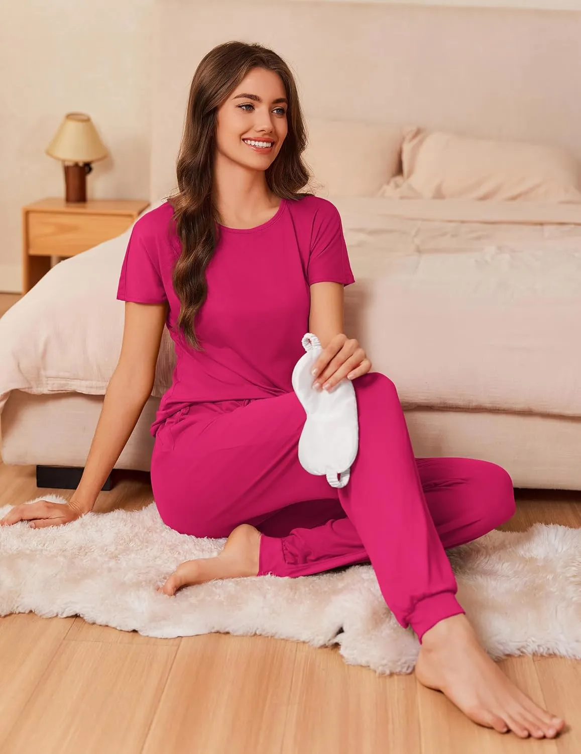 Ekouaer Womens Pajama Sets Short Sleeve Lounge Sets for Women Printed Jogger Pajama Set 2 Piece Pj Sets With Pockets S-XXL