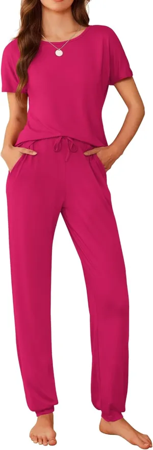 Ekouaer Womens Pajama Sets Short Sleeve Lounge Sets for Women Printed Jogger Pajama Set 2 Piece Pj Sets With Pockets S-XXL