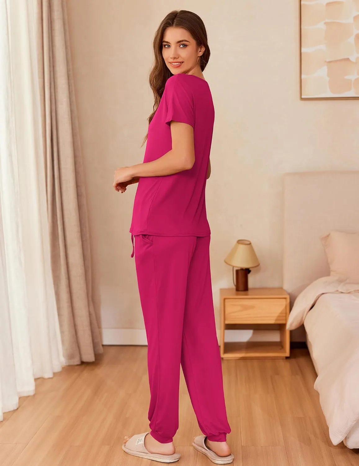 Ekouaer Womens Pajama Sets Short Sleeve Lounge Sets for Women Printed Jogger Pajama Set 2 Piece Pj Sets With Pockets S-XXL