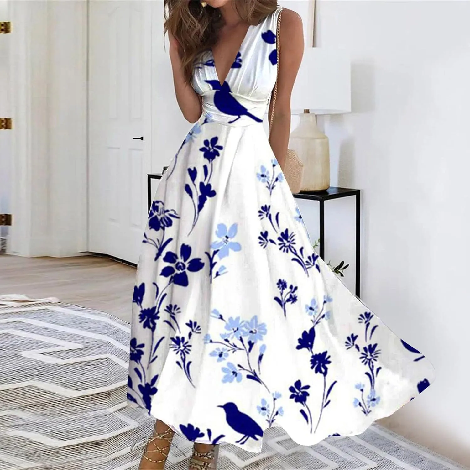 Elegant Floral Maxi Dress for Women, Sleeveless V-Neck Summer Dress, Lightweight and Comfortable
