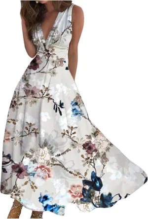 Elegant Floral Maxi Dress for Women, Sleeveless V-Neck Summer Dress, Lightweight and Comfortable