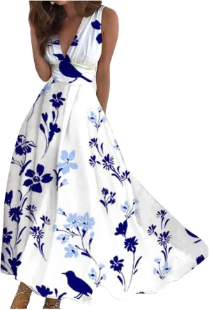 Elegant Floral Maxi Dress for Women, Sleeveless V-Neck Summer Dress, Lightweight and Comfortable