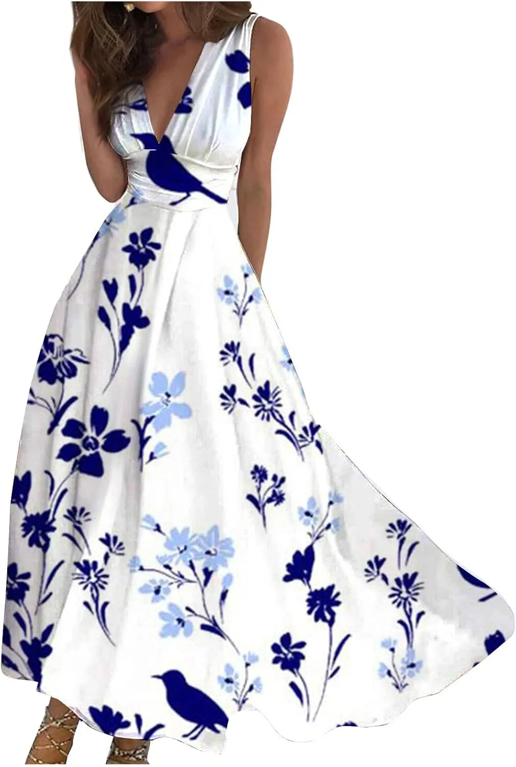 Elegant Floral Maxi Dress for Women, Sleeveless V-Neck Summer Dress, Lightweight and Comfortable