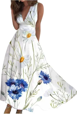 Elegant Floral Maxi Dress for Women, Sleeveless V-Neck Summer Dress, Lightweight and Comfortable