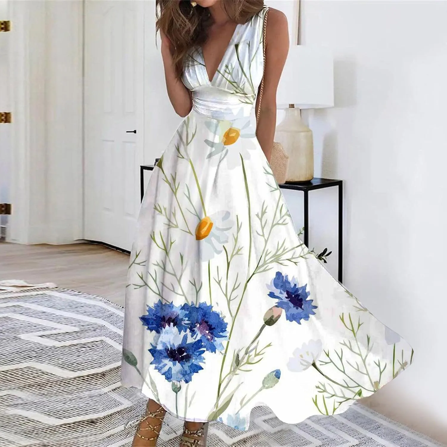 Elegant Floral Maxi Dress for Women, Sleeveless V-Neck Summer Dress, Lightweight and Comfortable
