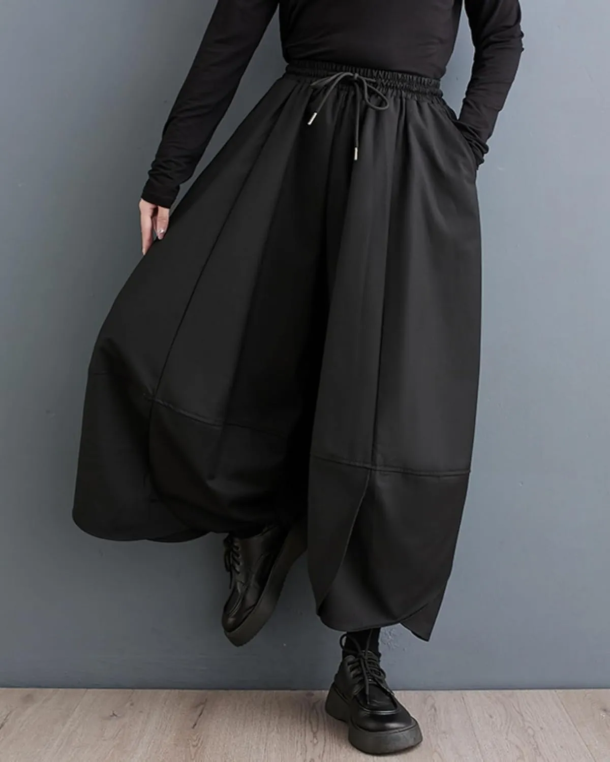 ellazhu Women's Puffy Drawstring Elastic Waist Drop Crotch Hakama Harem Wide Leg Pants GZ81 A