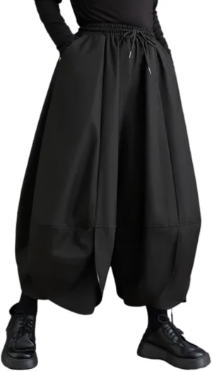 ellazhu Women's Puffy Drawstring Elastic Waist Drop Crotch Hakama Harem Wide Leg Pants GZ81 A