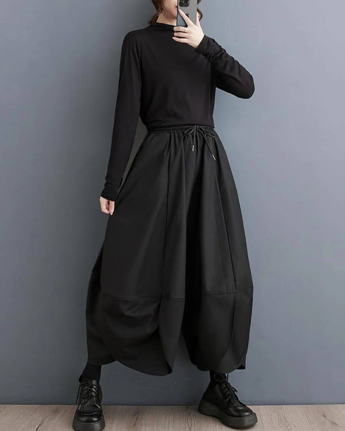 ellazhu Women's Puffy Drawstring Elastic Waist Drop Crotch Hakama Harem Wide Leg Pants GZ81 A
