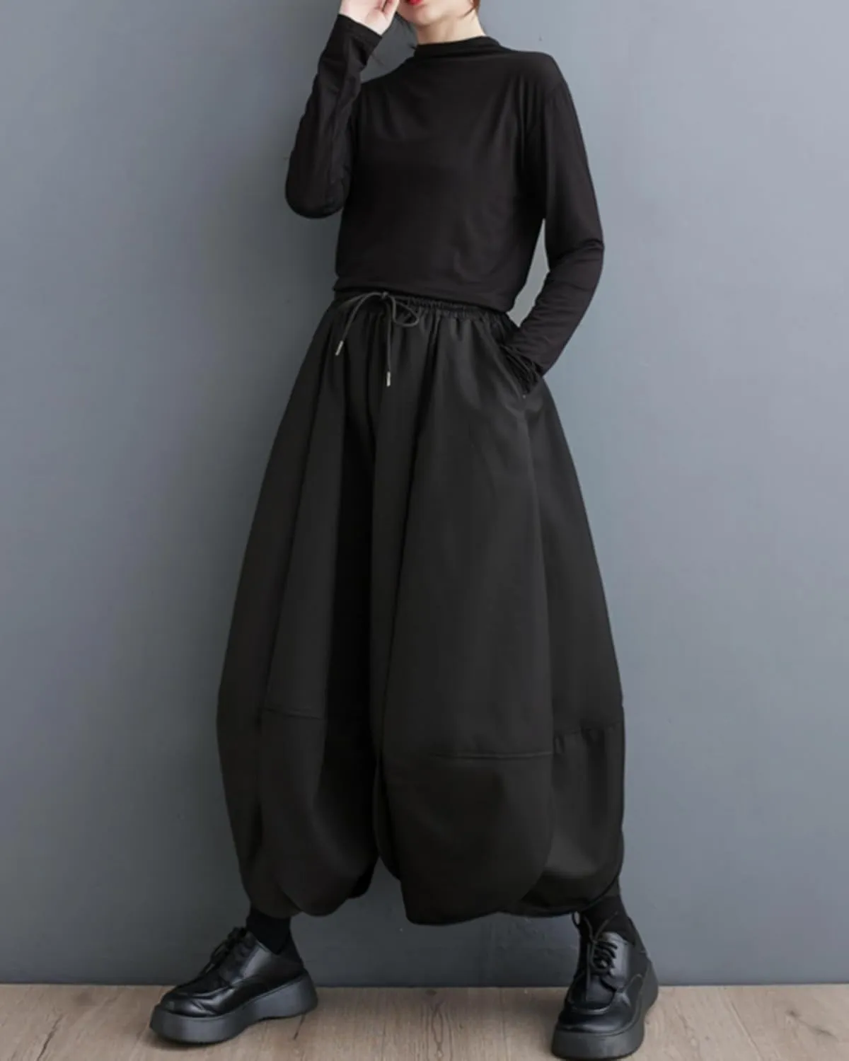 ellazhu Women's Puffy Drawstring Elastic Waist Drop Crotch Hakama Harem Wide Leg Pants GZ81 A