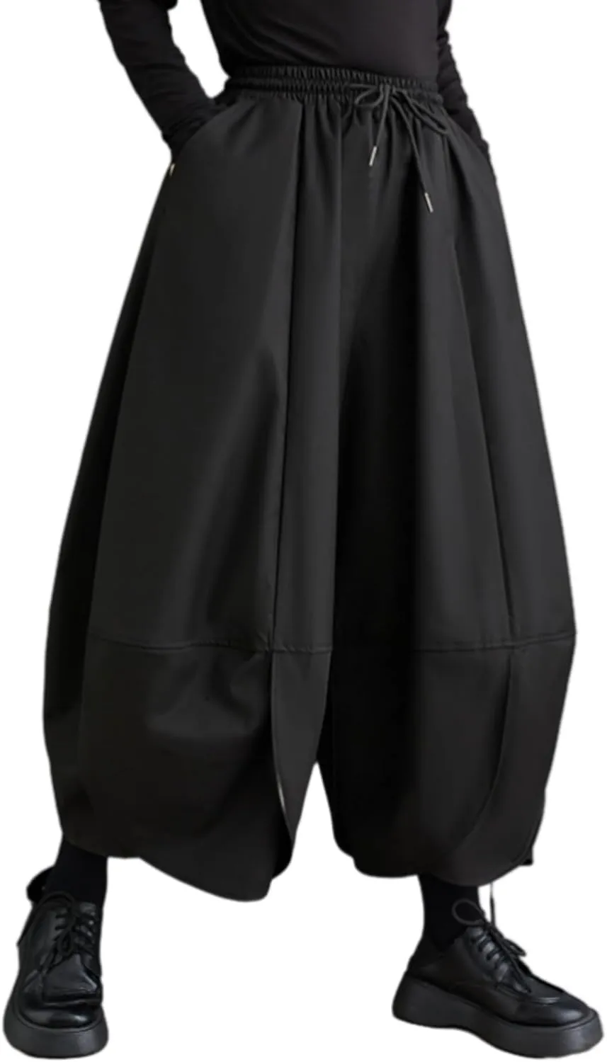 ellazhu Women's Puffy Drawstring Elastic Waist Drop Crotch Hakama Harem Wide Leg Pants GZ81 A