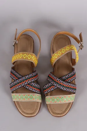 Embroidered Open Toe Slingback Flat Sandal