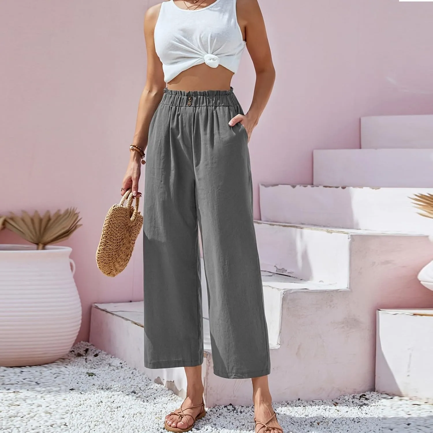 eoeioa Cropped Linen Pants Women Button Fly Elastic Waist Beach Pants Summer Baggy Comfy Flowy Ankle Pant with Pockets