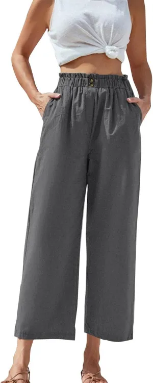 eoeioa Cropped Linen Pants Women Button Fly Elastic Waist Beach Pants Summer Baggy Comfy Flowy Ankle Pant with Pockets