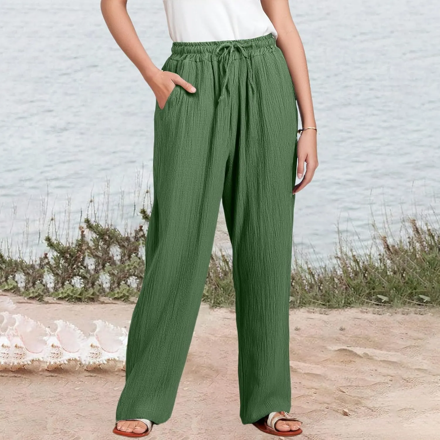 eoeioa Summer Beach Pants for Women Casual High Waisted Drawstring Linen Pants Lightweight Palazzo Trousers with Pockets