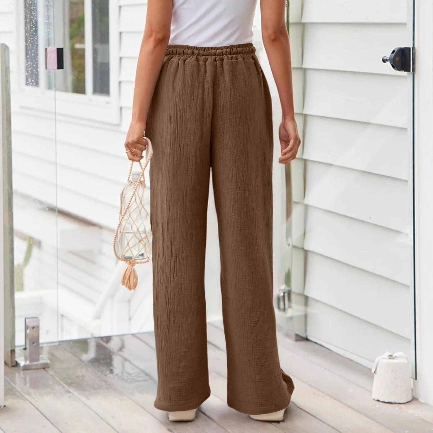 eoeioa Summer Beach Pants for Women Casual High Waisted Drawstring Linen Pants Lightweight Palazzo Trousers with Pockets