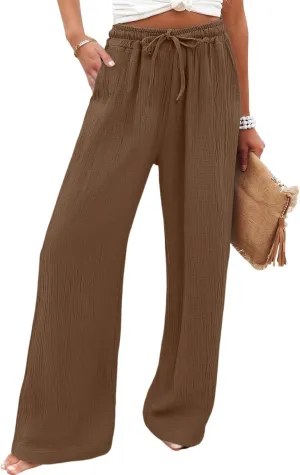 eoeioa Summer Beach Pants for Women Casual High Waisted Drawstring Linen Pants Lightweight Palazzo Trousers with Pockets