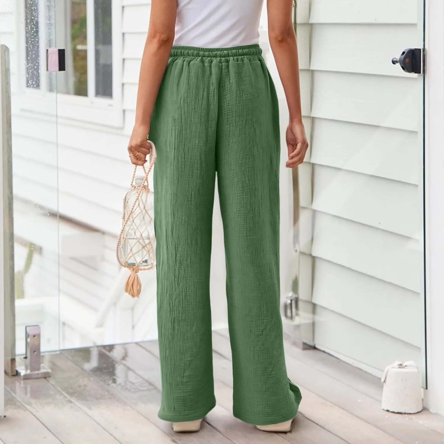 eoeioa Summer Beach Pants for Women Casual High Waisted Drawstring Linen Pants Lightweight Palazzo Trousers with Pockets